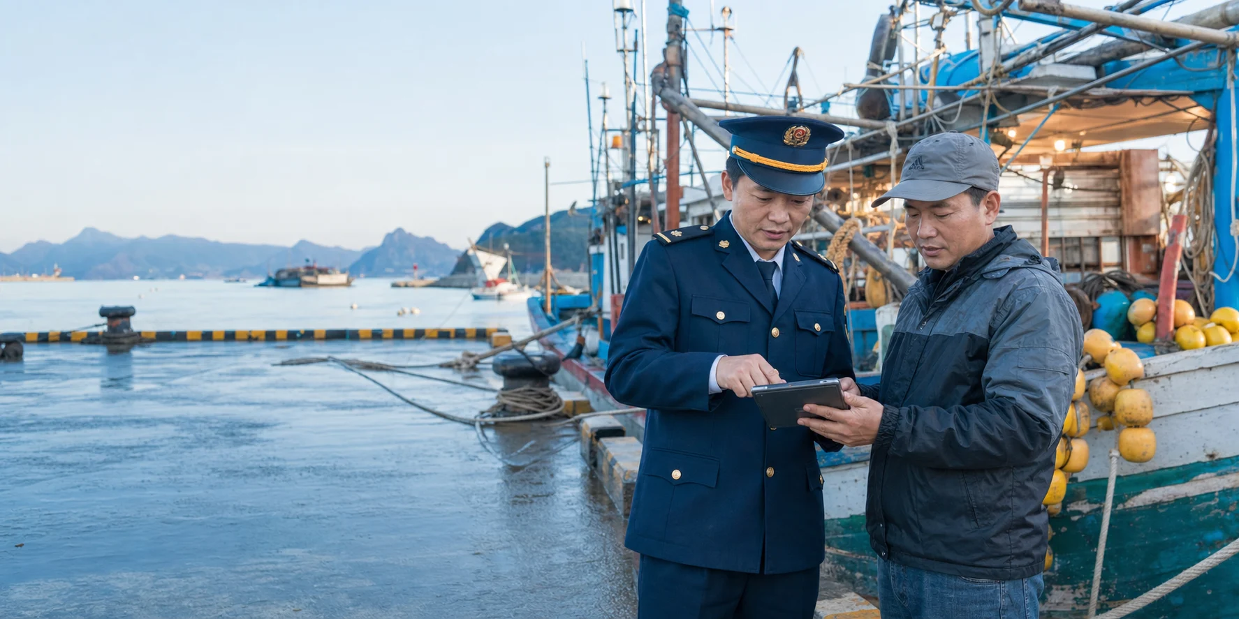 Cán bộ cảng và chủ tàu kiểm tra dữ liệu SmartBoat trên máy tính bảng