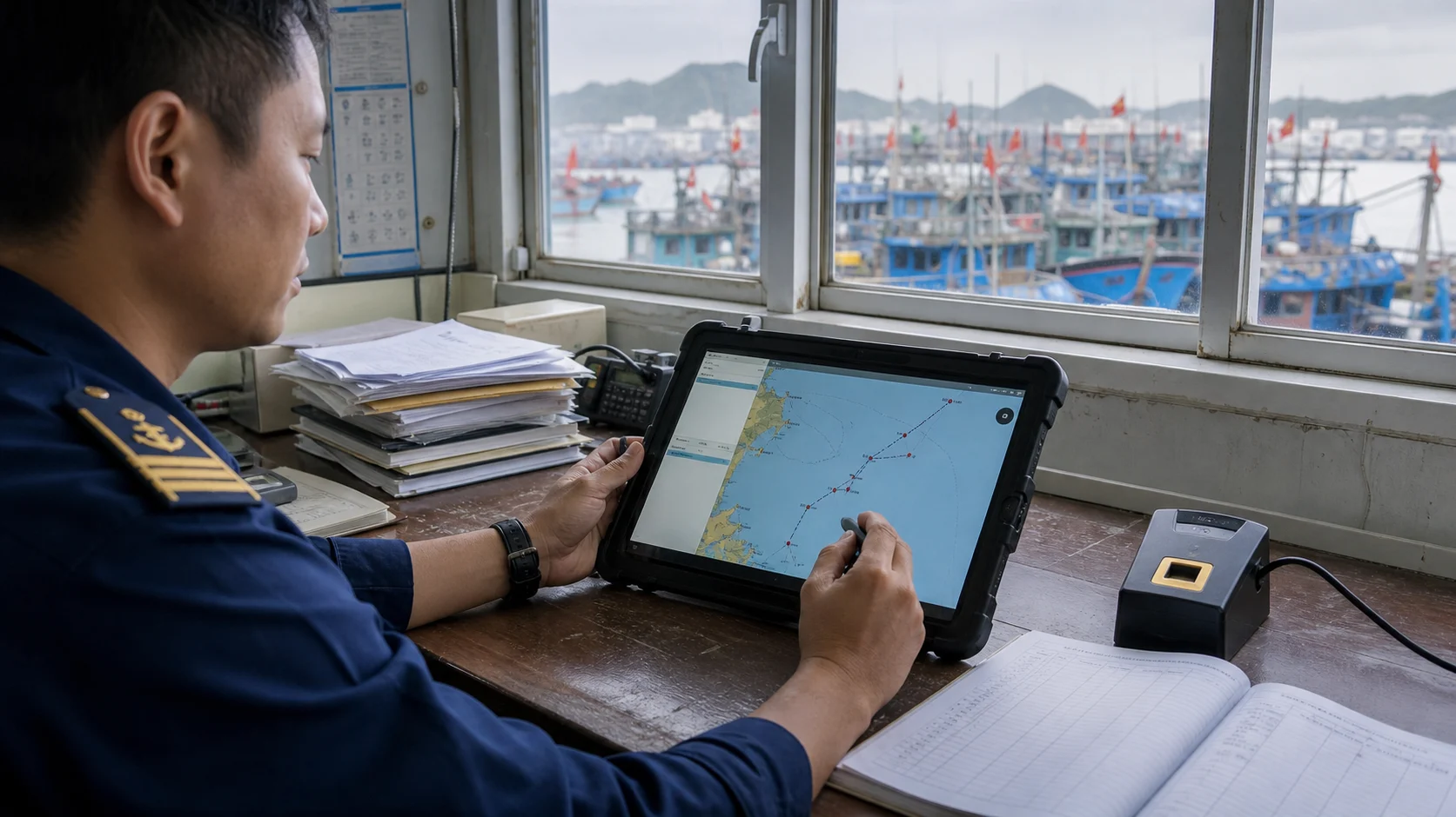 Cán bộ cảng kiểm tra tuyến GPS và hồ sơ tàu